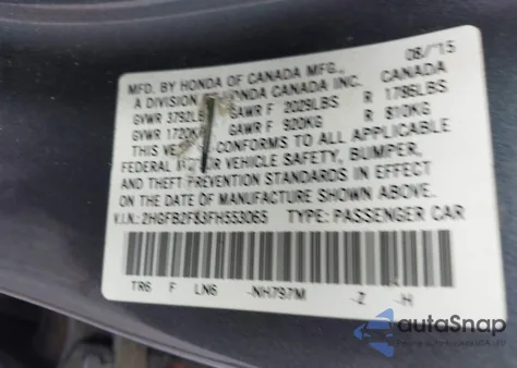 2015 Honda Civic Ex из США, поврежденный, VIN 2HGFB2F83FH553065